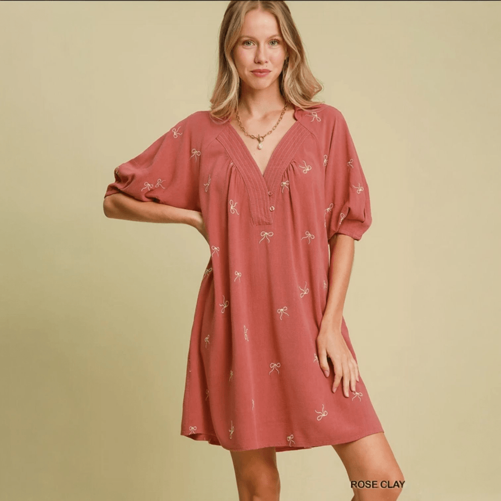 Linen Blend Embroidered Henley Dress (2 Colors) - 260 Broadway Boutique