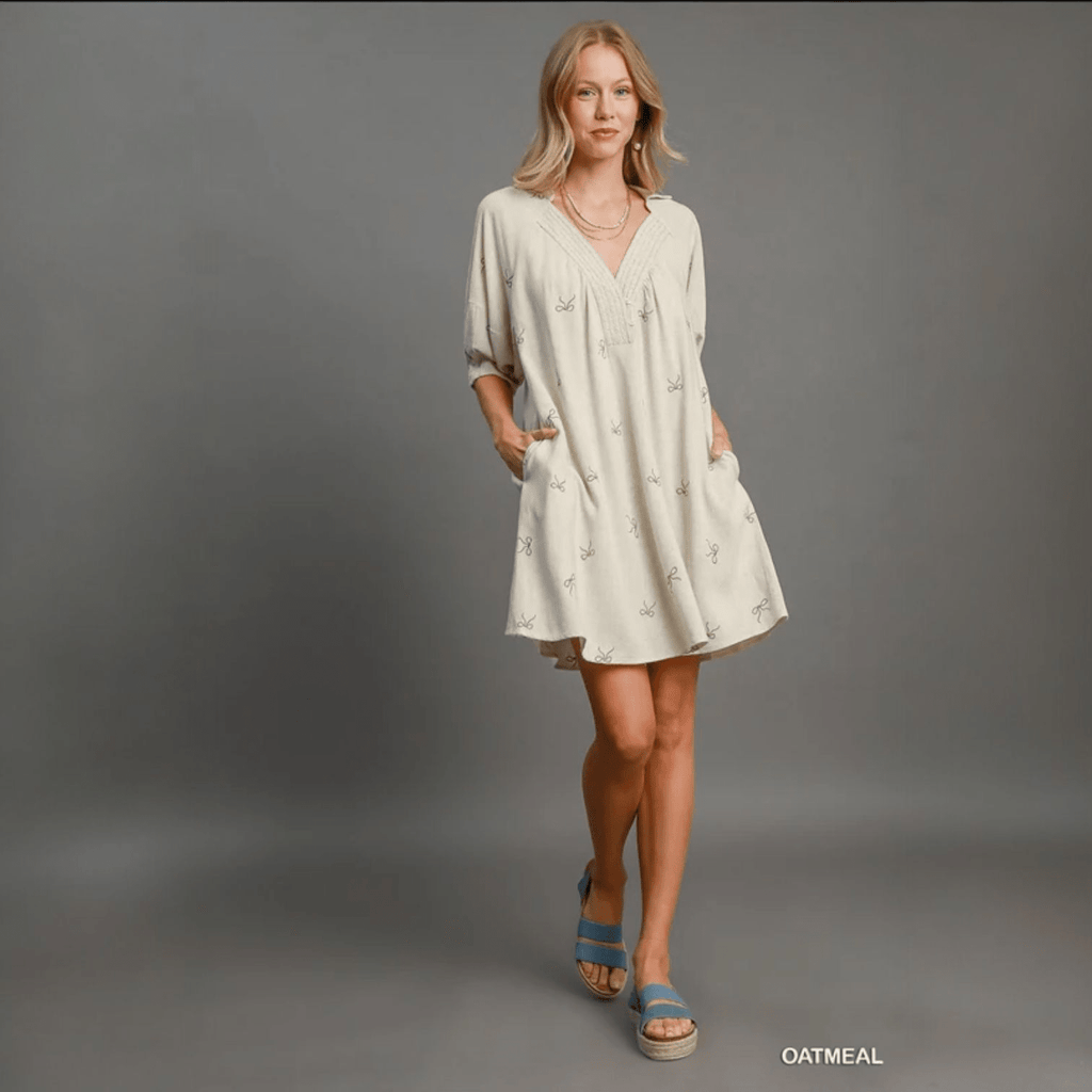 Linen Blend Embroidered Henley Dress (2 Colors) - 260 Broadway Boutique