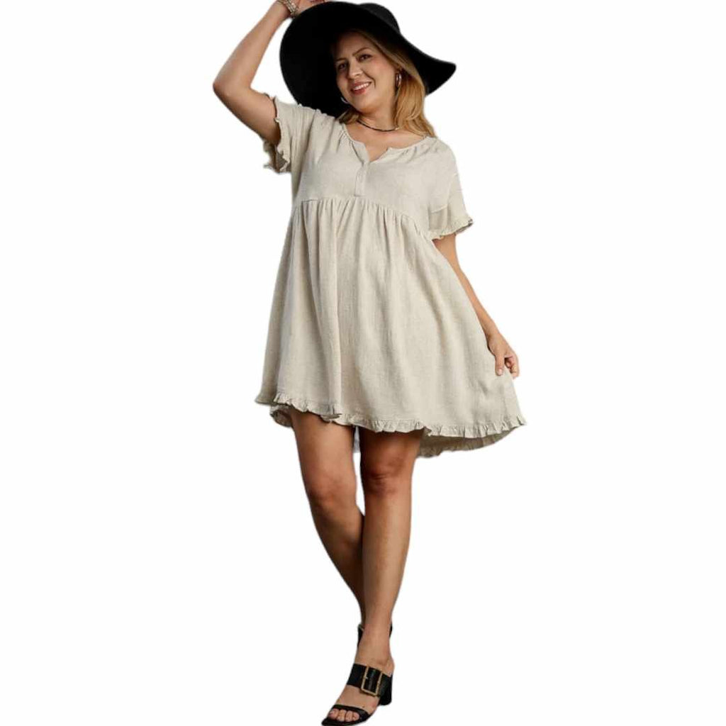 Linen Blend Pin - Tuck Ruffle Sleeve Dress - 260 Broadway Boutique