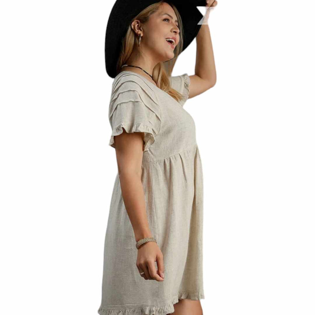 Linen Blend Pin - Tuck Ruffle Sleeve Dress - 260 Broadway Boutique