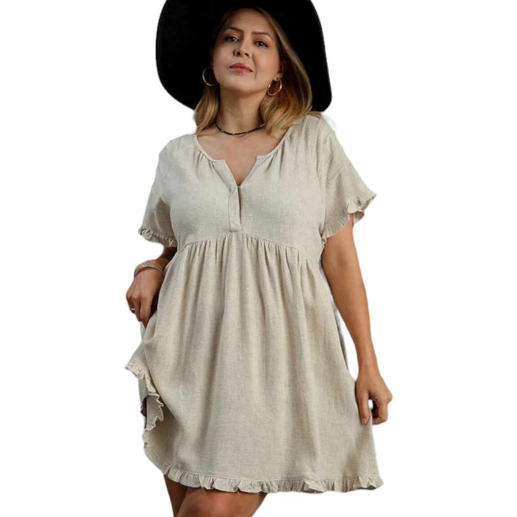 Linen Blend Pin - Tuck Ruffle Sleeve Dress - 260 Broadway Boutique