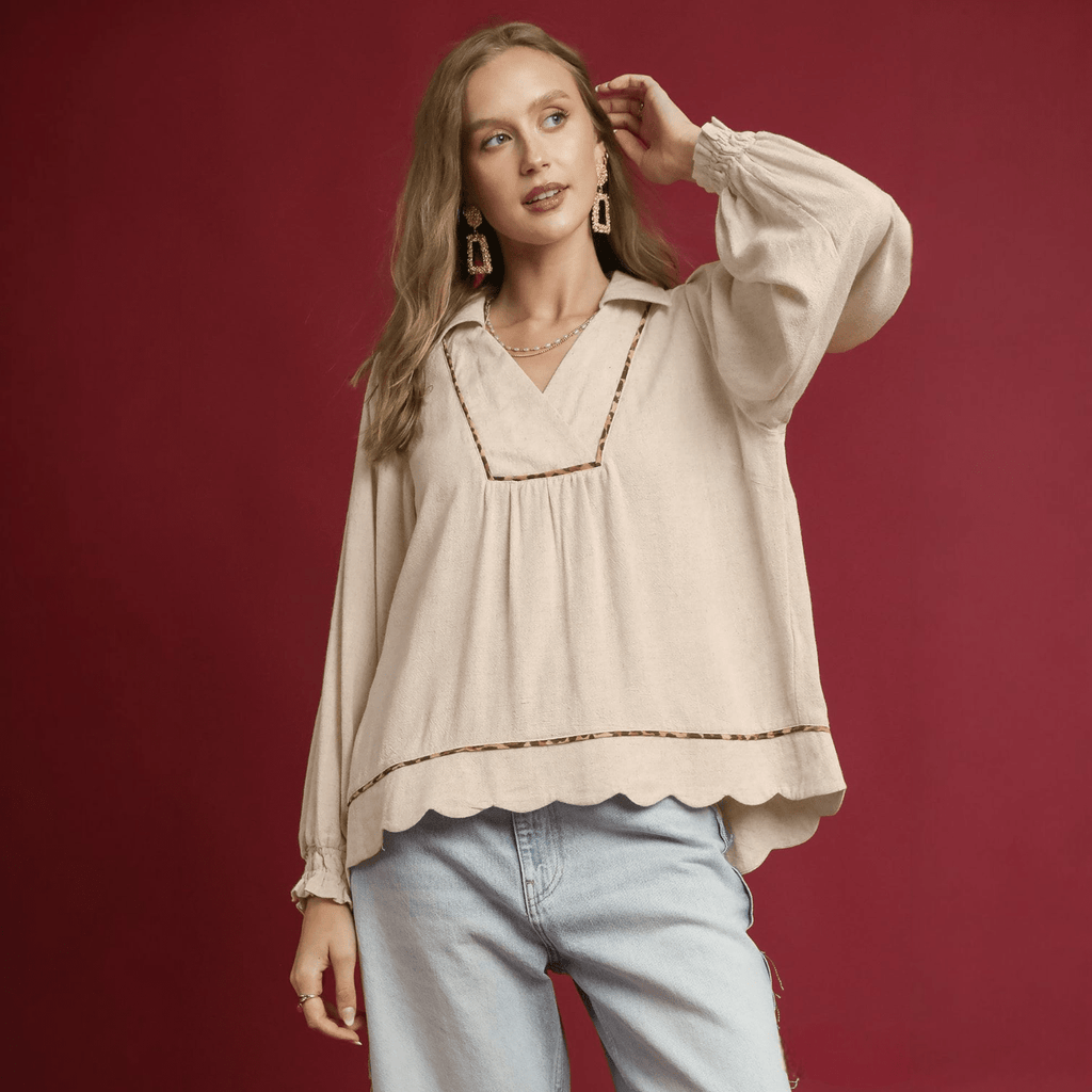Linen Scallop Hem Blouse - 260 Broadway Boutique