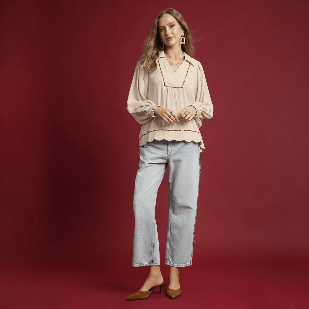 Linen Scallop Hem Blouse - 260 Broadway Boutique