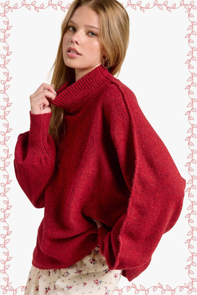 Loose Fit Balloon Sleeves Mock Neck Sweater - 260 Broadway Boutique