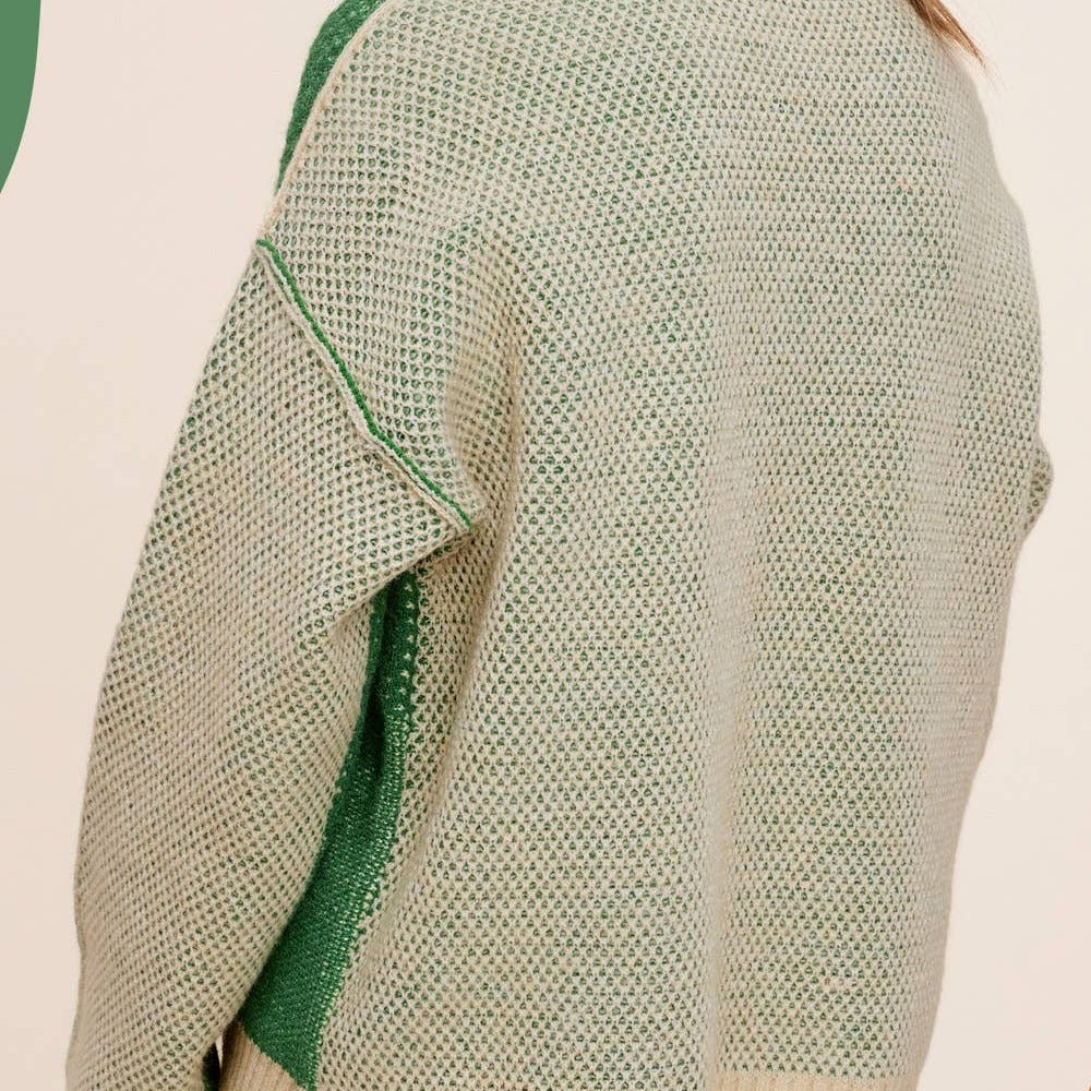 Loose Fit Color Block Textured Round Neck Sweater - 260 Broadway Boutique