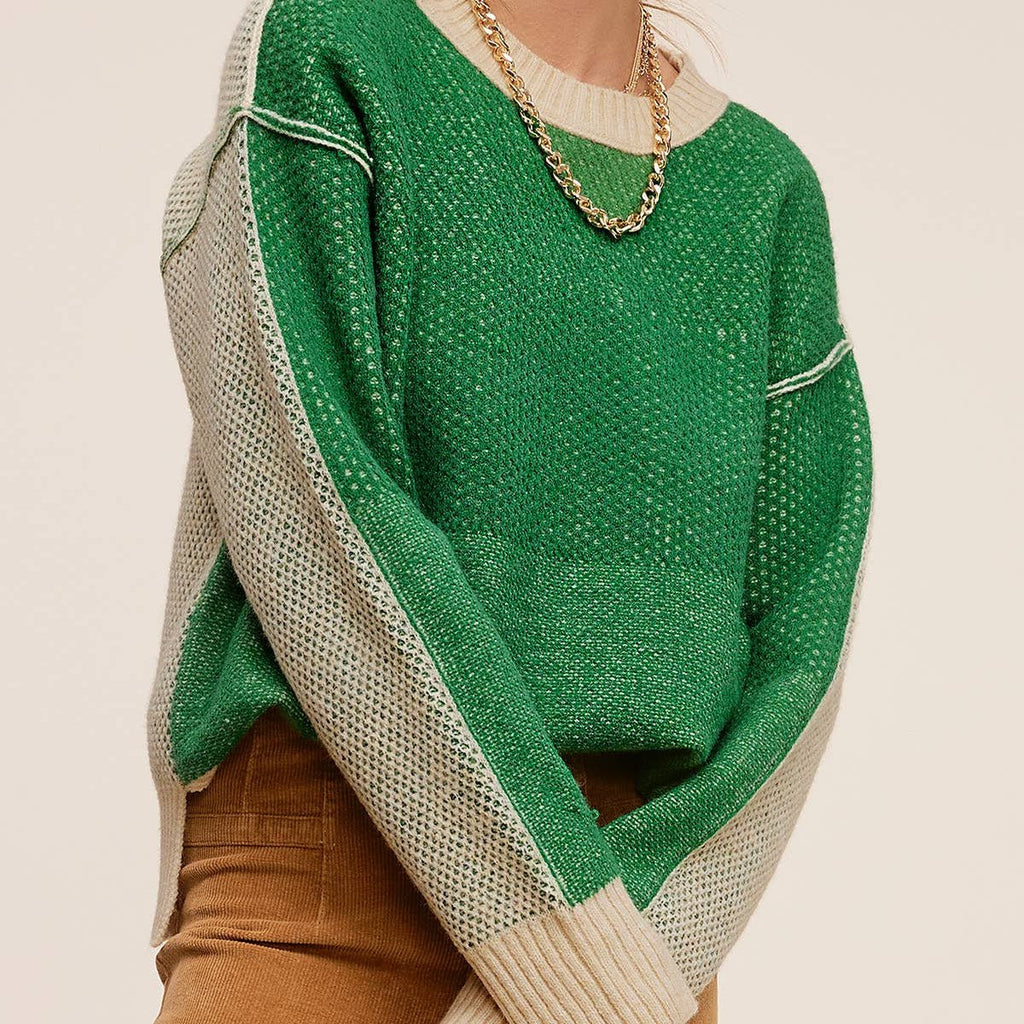 Loose Fit Color Block Textured Round Neck Sweater - 260 Broadway Boutique
