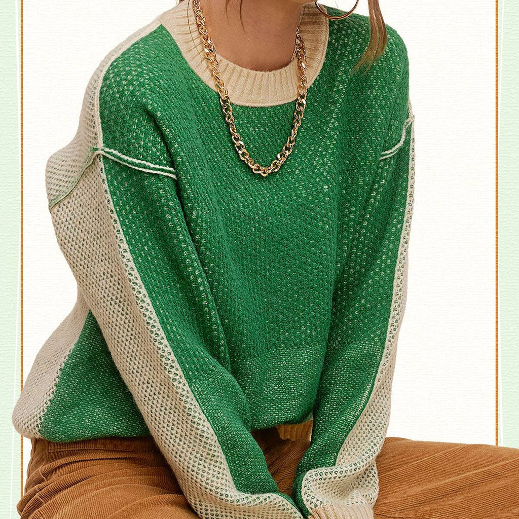Loose Fit Color Block Textured Round Neck Sweater - 260 Broadway Boutique