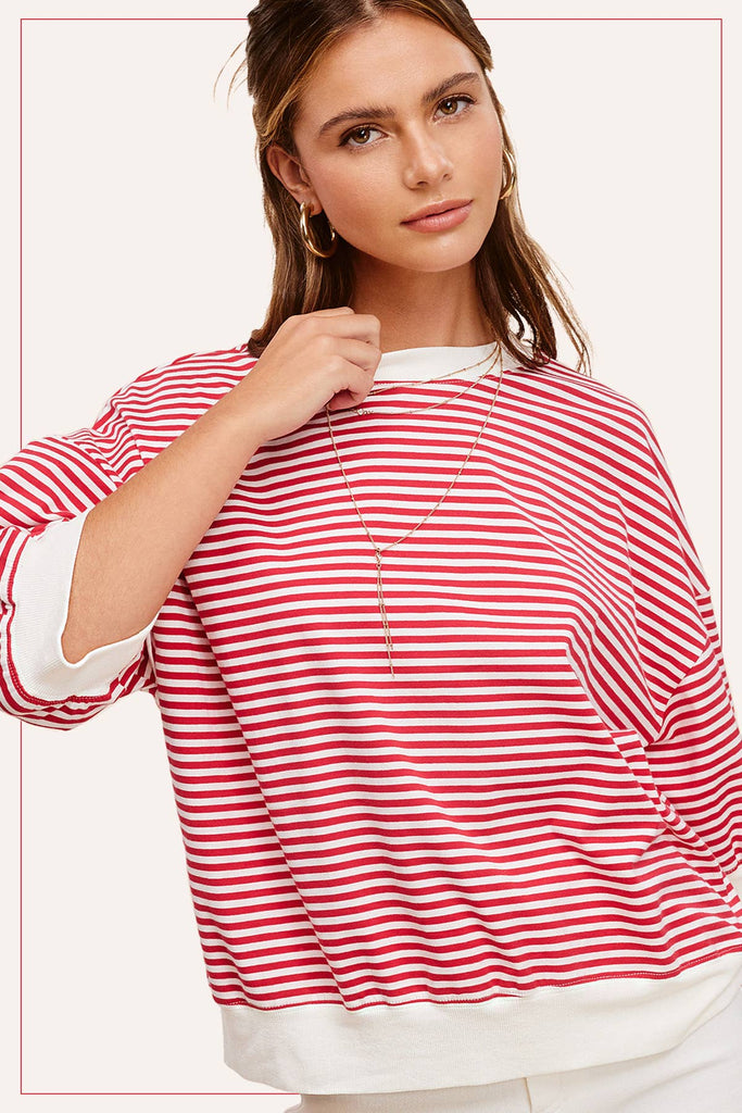 Loose Fit Striped Short Sleeve Crew Neckline Top (2 Colors) - 260 Broadway Boutique