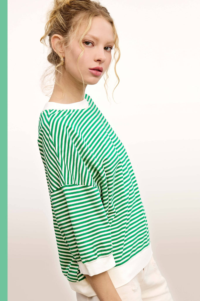 Loose Fit Striped Short Sleeve Crew Neckline Top (2 Colors) - 260 Broadway Boutique