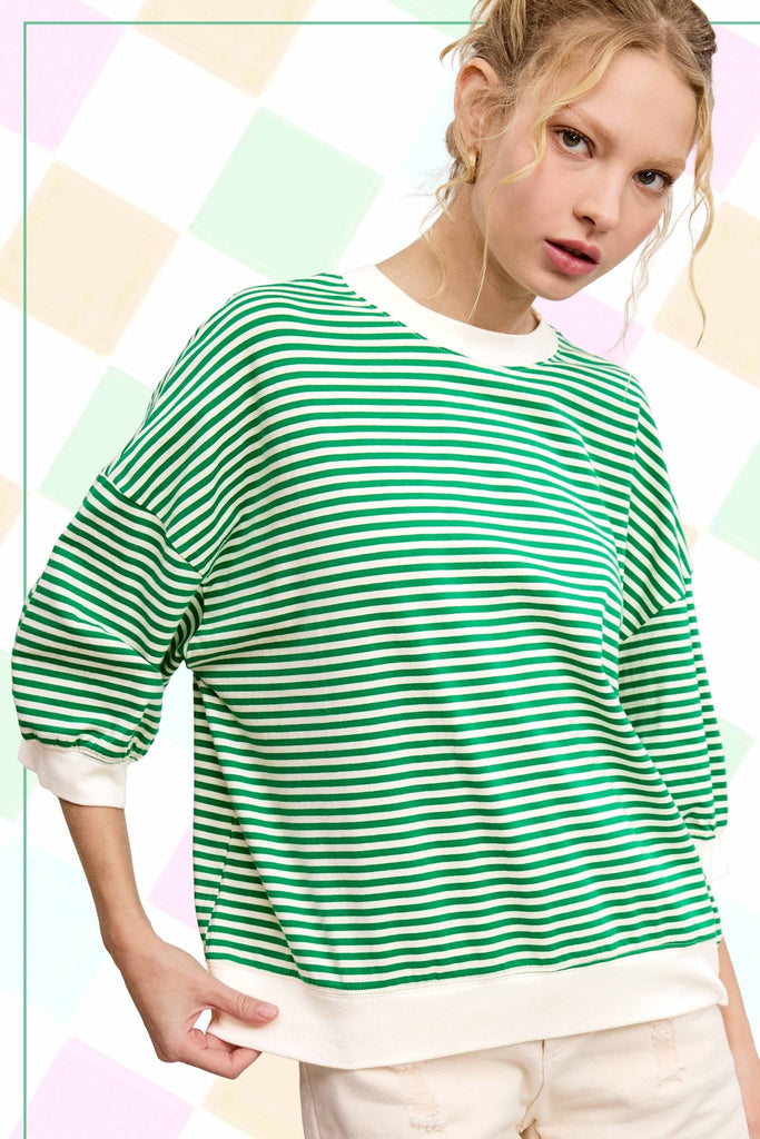 Loose Fit Striped Short Sleeve Crew Neckline Top (2 Colors) - 260 Broadway Boutique