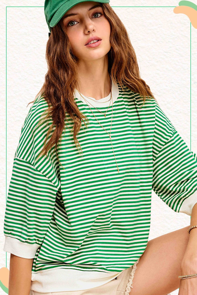 Loose Fit Striped Short Sleeve Crew Neckline Top (2 Colors) - 260 Broadway Boutique