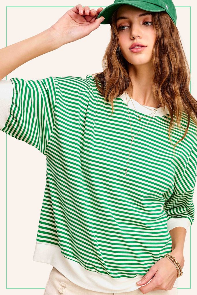 Loose Fit Striped Short Sleeve Crew Neckline Top (2 Colors) - 260 Broadway Boutique