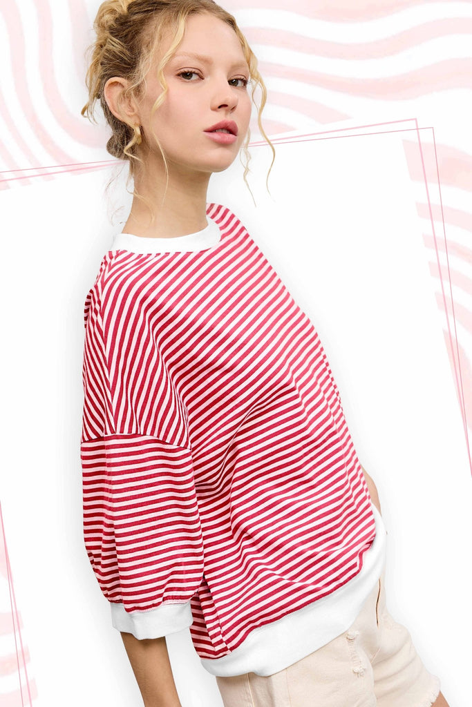 Loose Fit Striped Short Sleeve Crew Neckline Top (2 Colors) - 260 Broadway Boutique