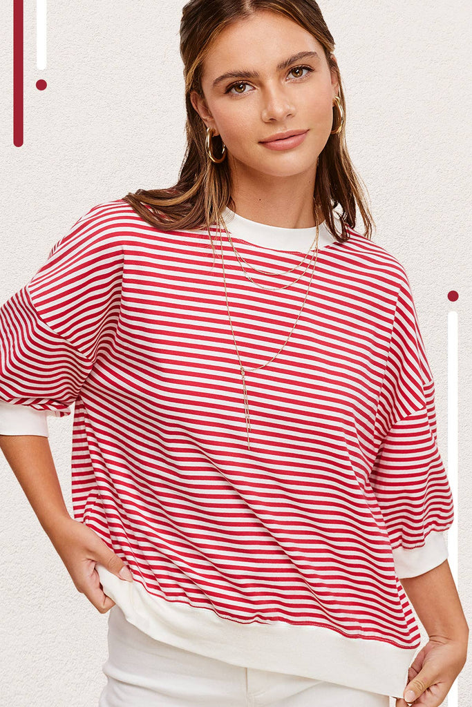 Loose Fit Striped Short Sleeve Crew Neckline Top (2 Colors) - 260 Broadway Boutique