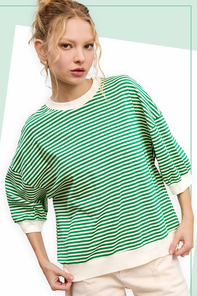 Loose Fit Striped Short Sleeve Crew Neckline Top (2 Colors) - 260 Broadway Boutique