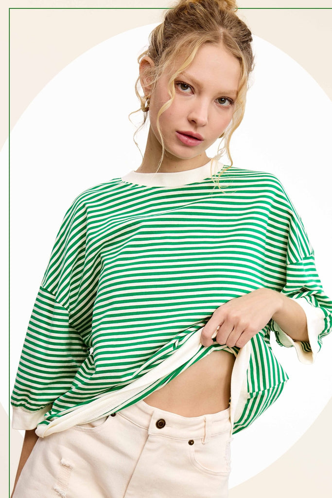 Loose Fit Striped Short Sleeve Crew Neckline Top (2 Colors) - 260 Broadway Boutique