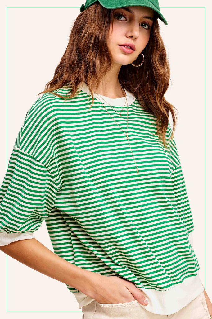 Loose Fit Striped Short Sleeve Crew Neckline Top (2 Colors) - 260 Broadway Boutique