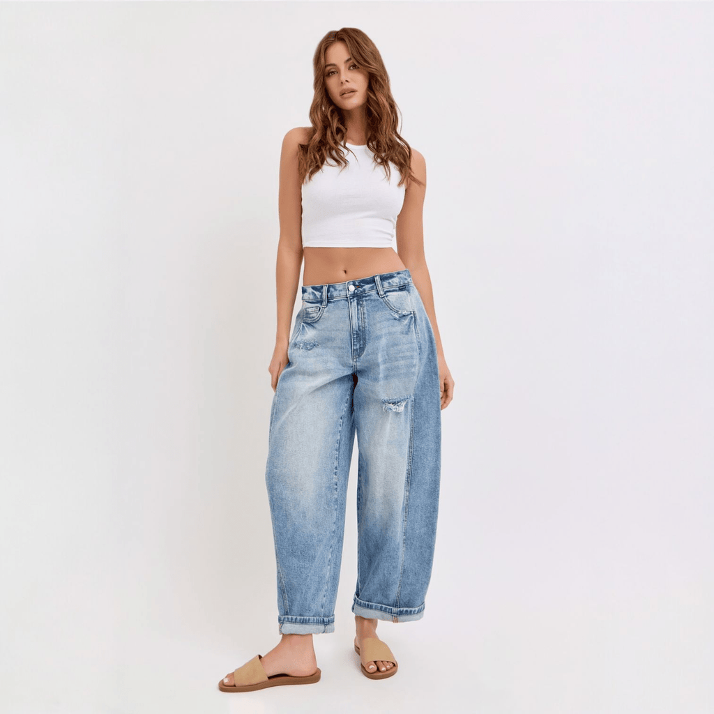 Mid - Waisted Barrel Jeans with Side Panels - 260 Broadway Boutique