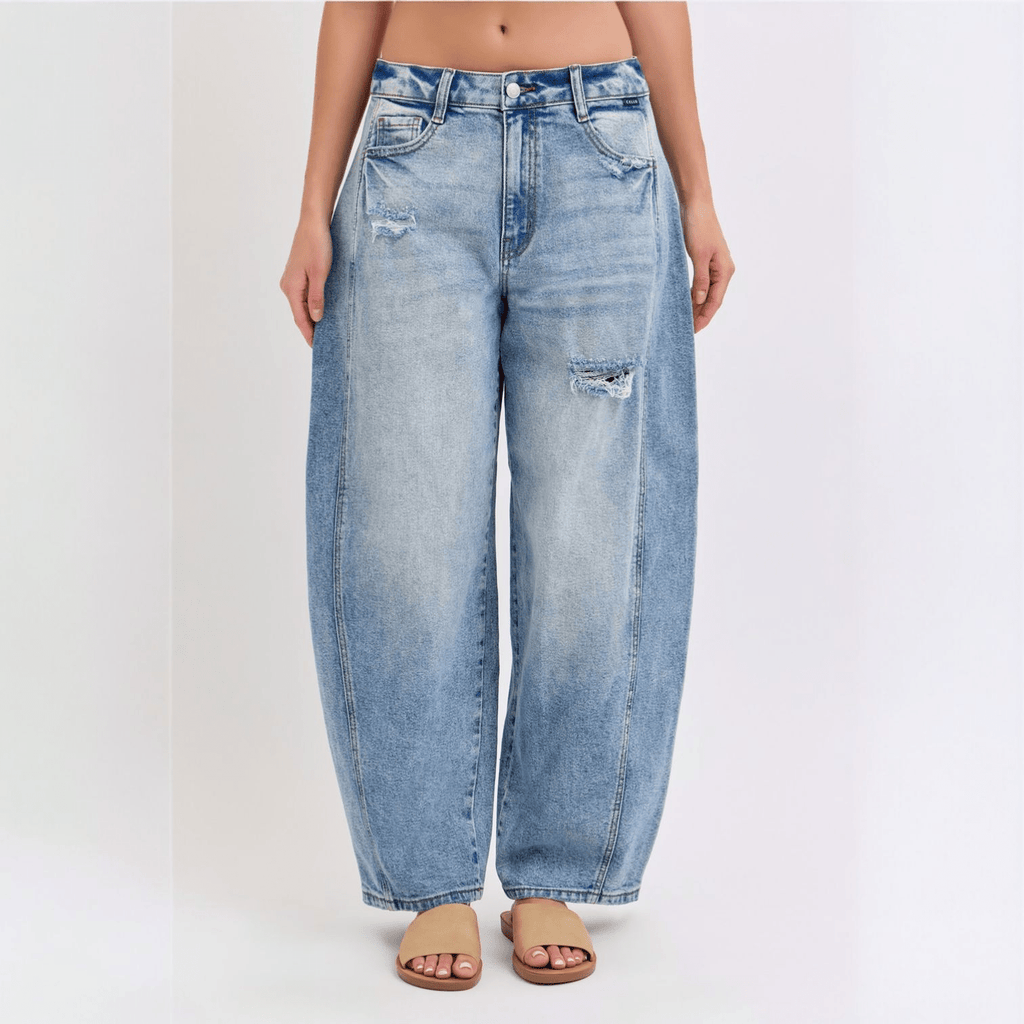 Mid - Waisted Barrel Jeans with Side Panels - 260 Broadway Boutique