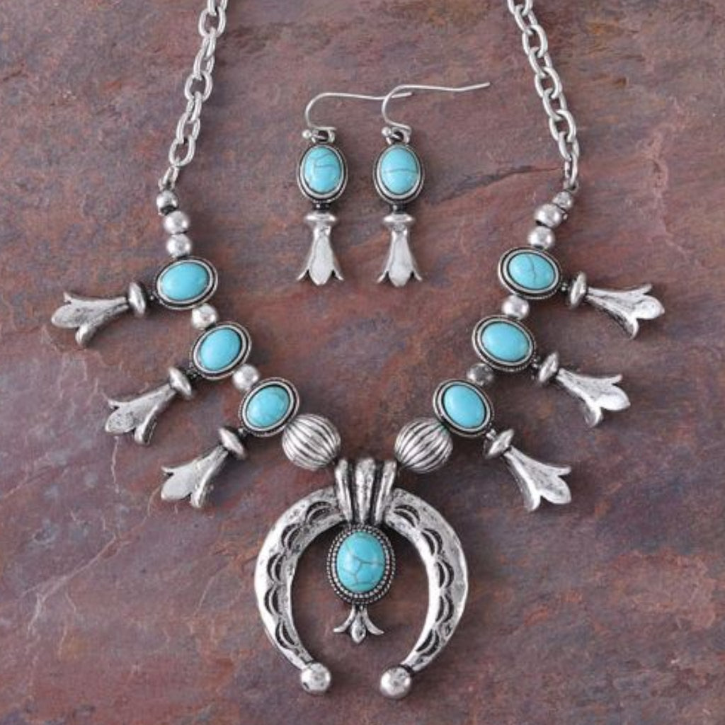 Mini Burnished Silver Squash Blossom Necklace & Earring SET - 260 Broadway Boutique