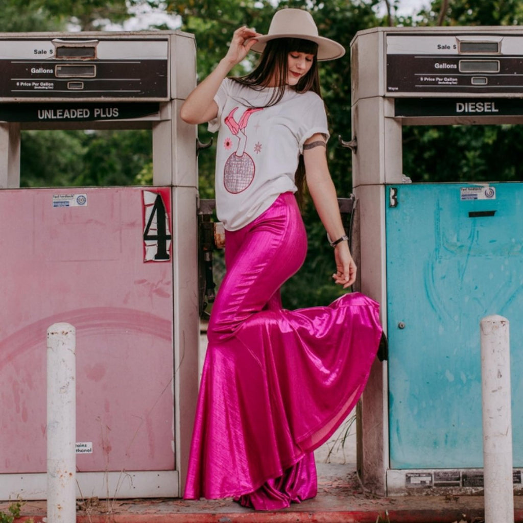 Miss Vegas Pink Metallic Bell Pants - 260 Broadway Boutique