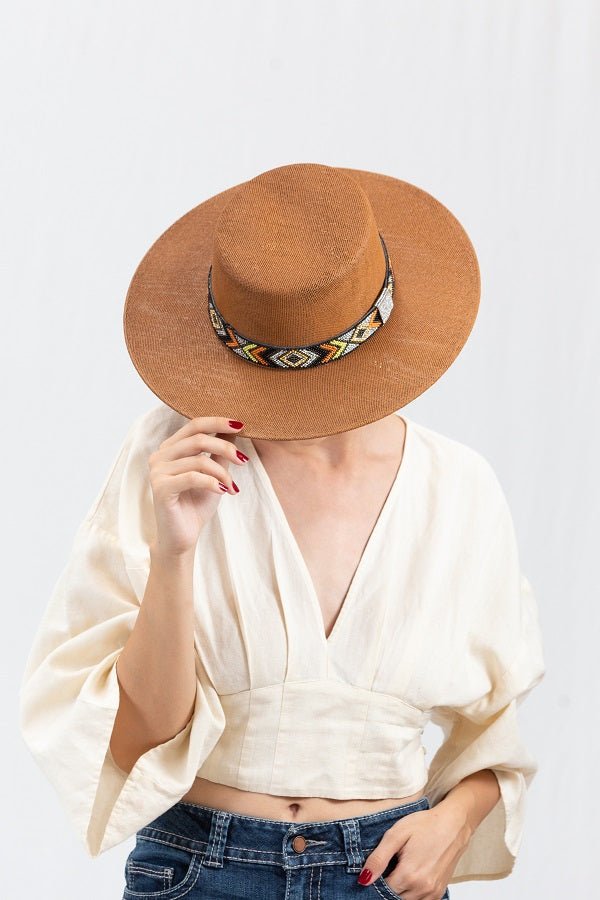 Mocha Boater Hats W Aztec Beaded Band - 260 Broadway Boutique