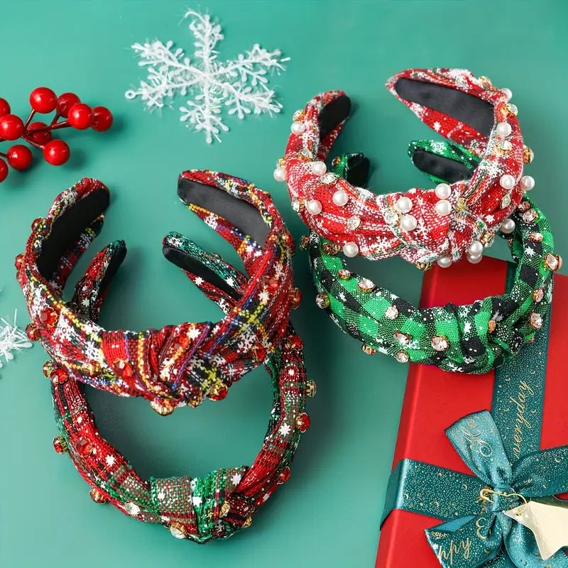 Multi - color Christmas Plaid Rhinestone Imitation Pearl Knot Headband - 260 Broadway Boutique