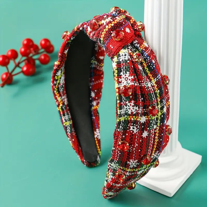 Multi - color Christmas Plaid Rhinestone Imitation Pearl Knot Headband - 260 Broadway Boutique