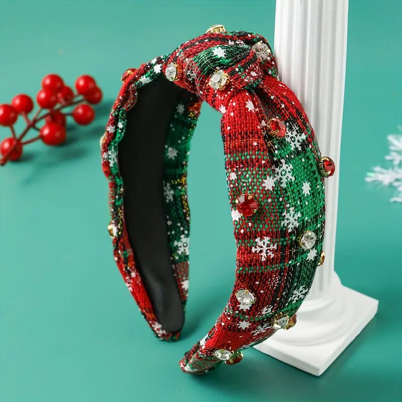 Multi - color Christmas Plaid Rhinestone Imitation Pearl Knot Headband - 260 Broadway Boutique