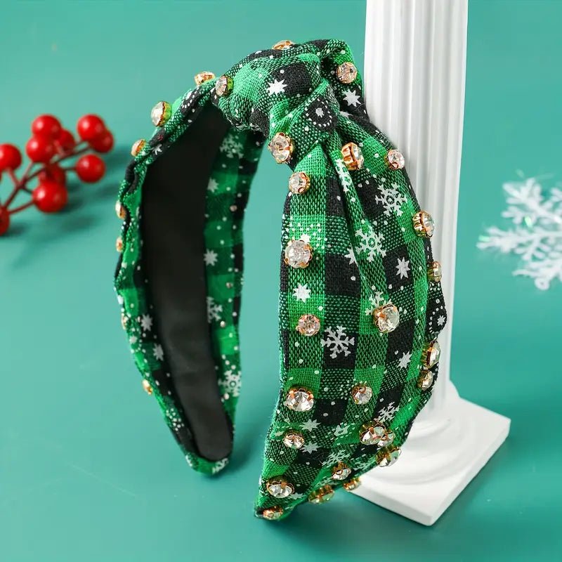 Multi - color Christmas Plaid Rhinestone Imitation Pearl Knot Headband - 260 Broadway Boutique