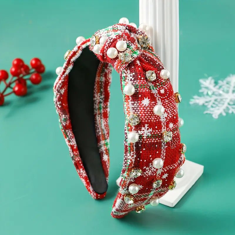 Multi - color Christmas Plaid Rhinestone Imitation Pearl Knot Headband - 260 Broadway Boutique