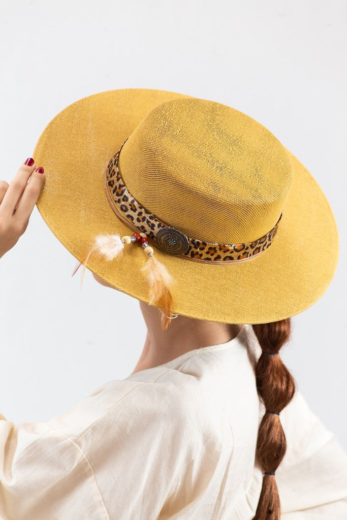 Mustard Boater Hat w/Leopard Band - 260 Broadway Boutique