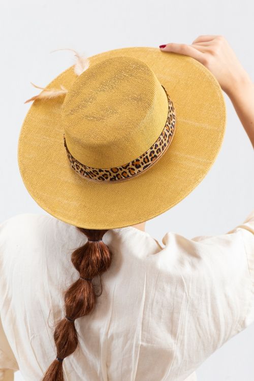 Mustard Boater Hat w/Leopard Band - 260 Broadway Boutique