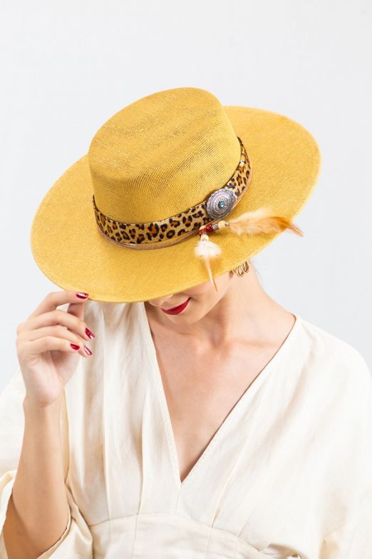 Mustard Boater Hat w/Leopard Band - 260 Broadway Boutique