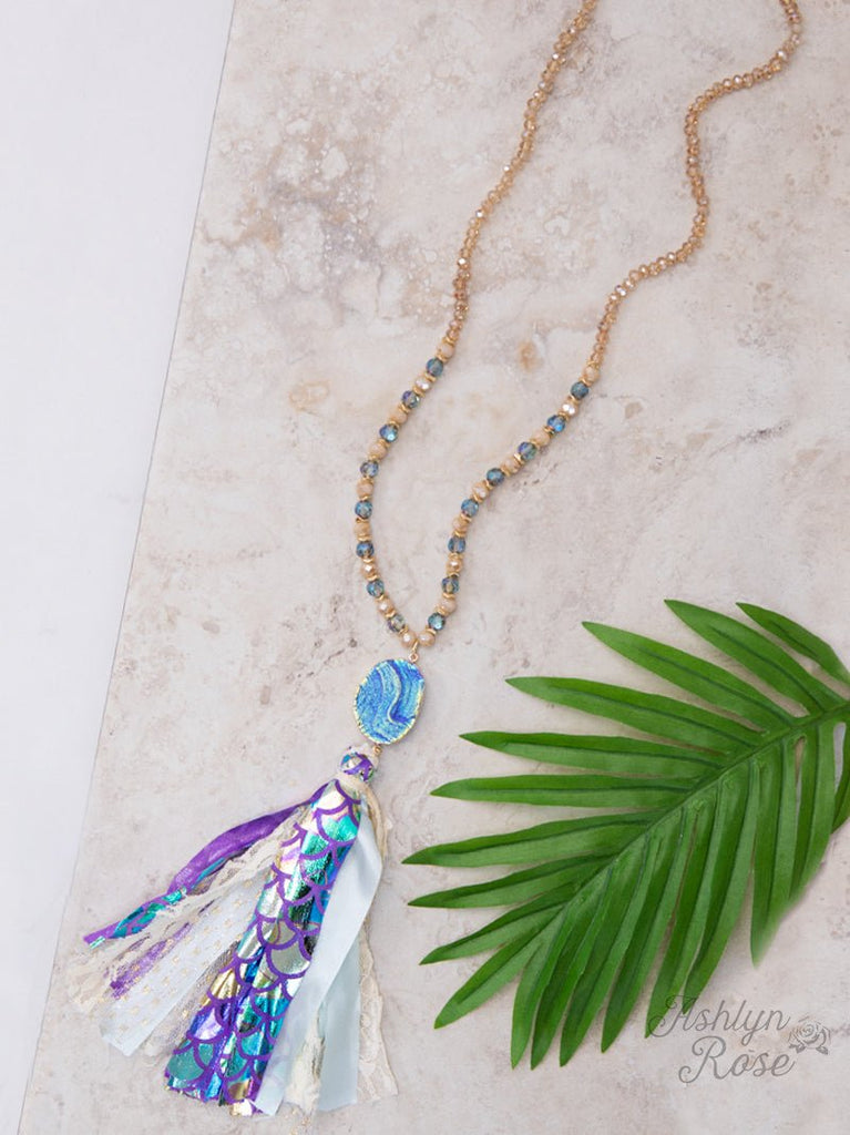 Mystical Mermaids Beaded Necklace with Stone Pendant and Scales & Lace Tassels - 260 Broadway Boutique