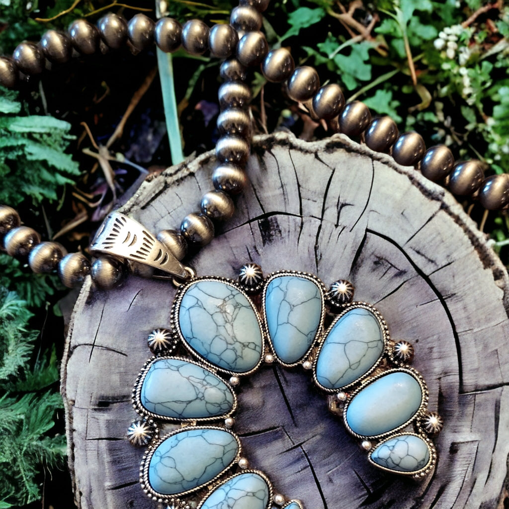 Navajo Pearl "blue" Squash Blossom Necklace - 260 Broadway Boutique