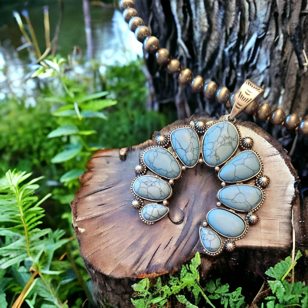 Navajo Pearl "blue" Squash Blossom Necklace - 260 Broadway Boutique