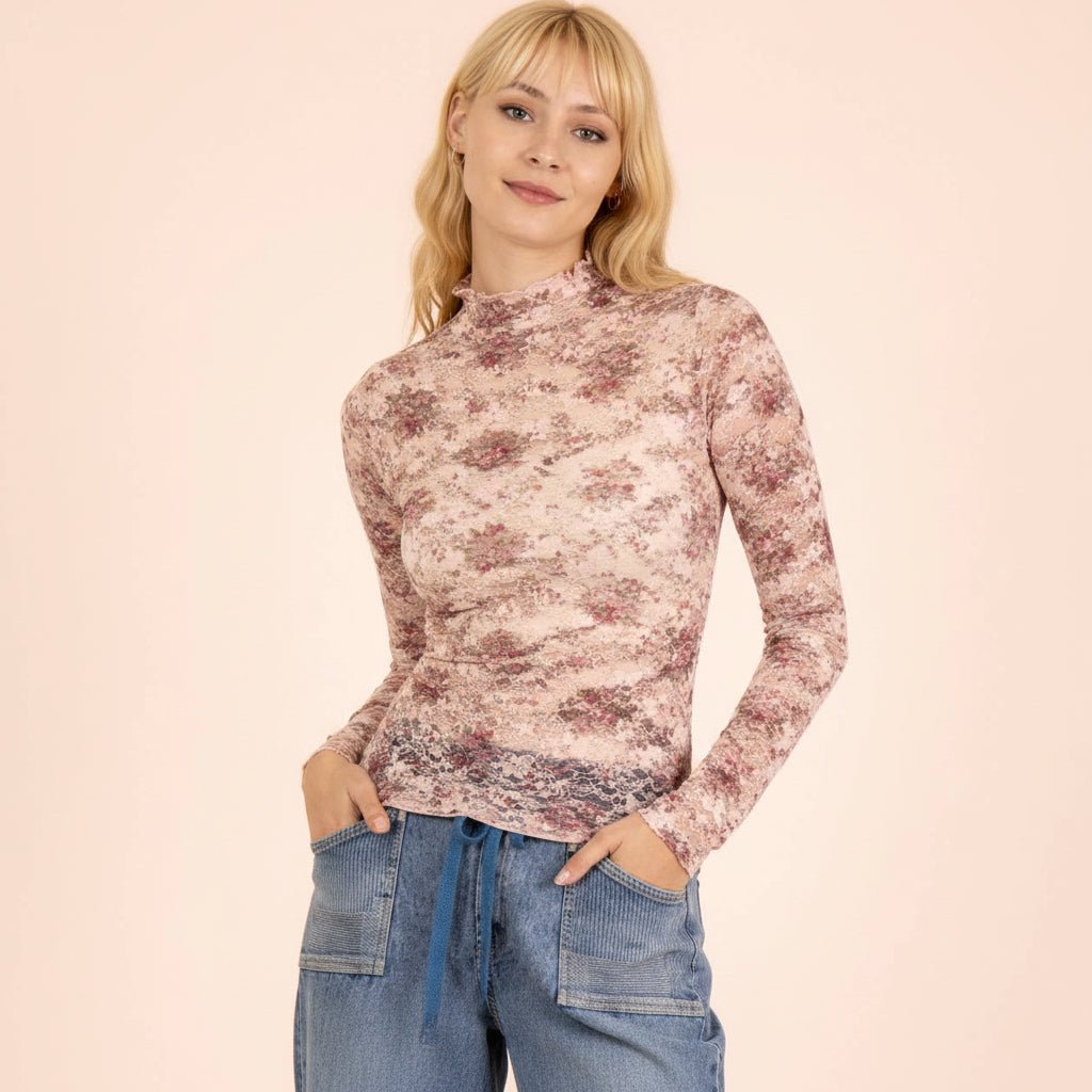 High Neck Fitted Sheer Mesh Lace Knit Top – 260 Broadway Boutique