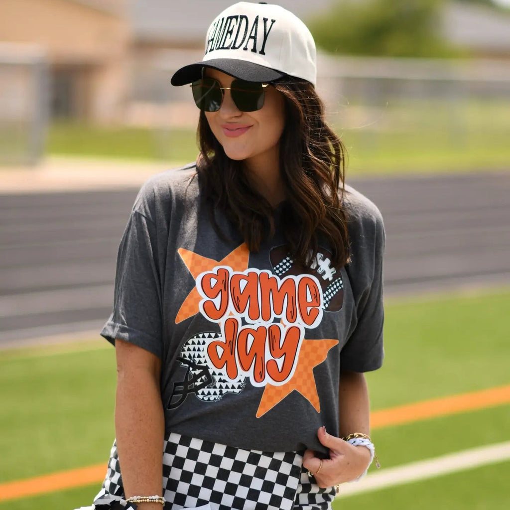 Orange Game Day Checkered Stars Tee - 260 Broadway Boutique