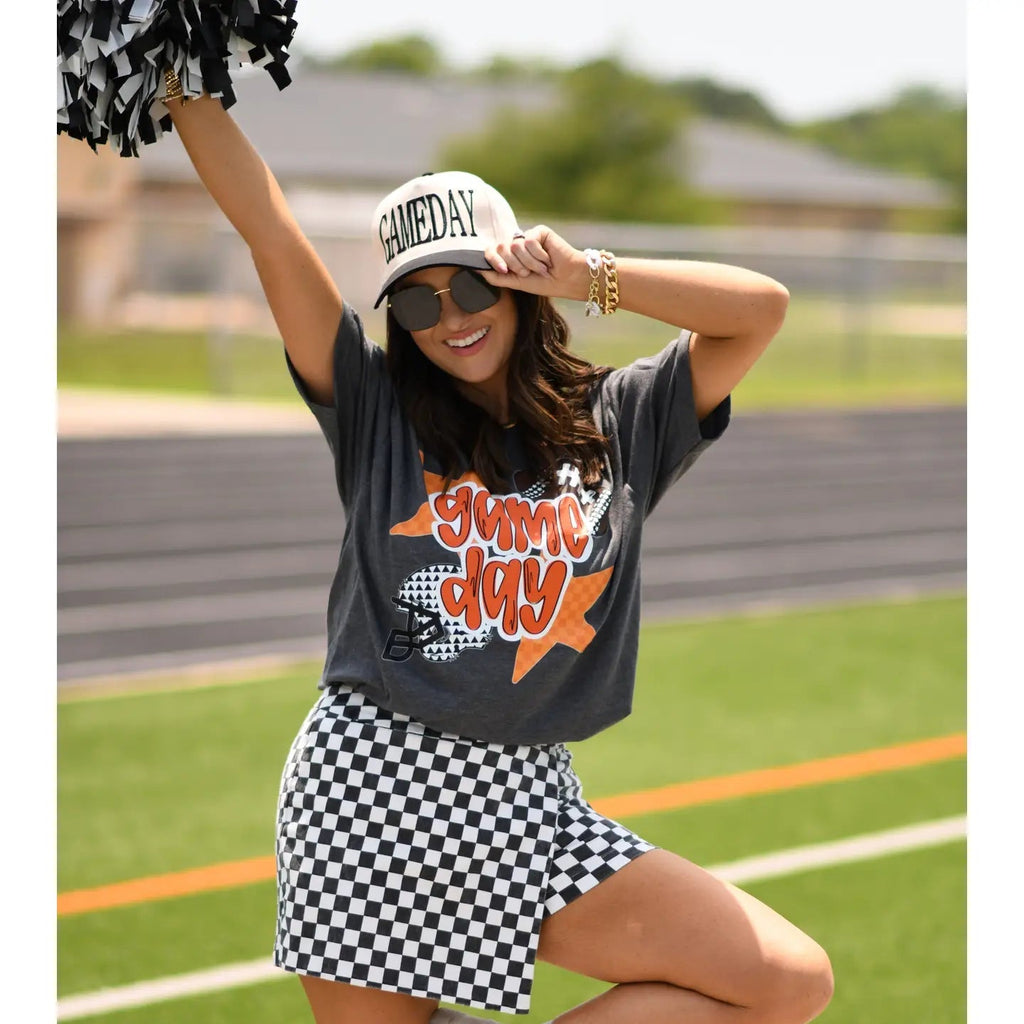 Orange Game Day Checkered Stars Tee - 260 Broadway Boutique