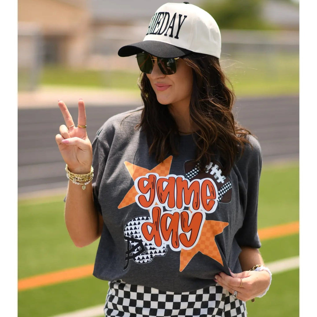 Orange Game Day Checkered Stars Tee - 260 Broadway Boutique