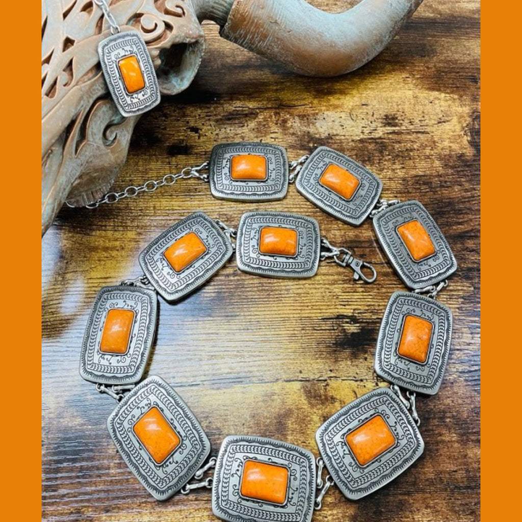 Orange Stone Square Metal Concho Belt - 260 Broadway Boutique