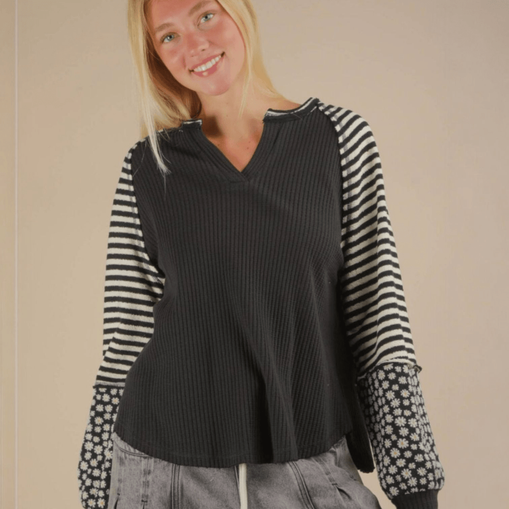 Oversized Floral & Stripe Casual Knit Top - 260 Broadway Boutique