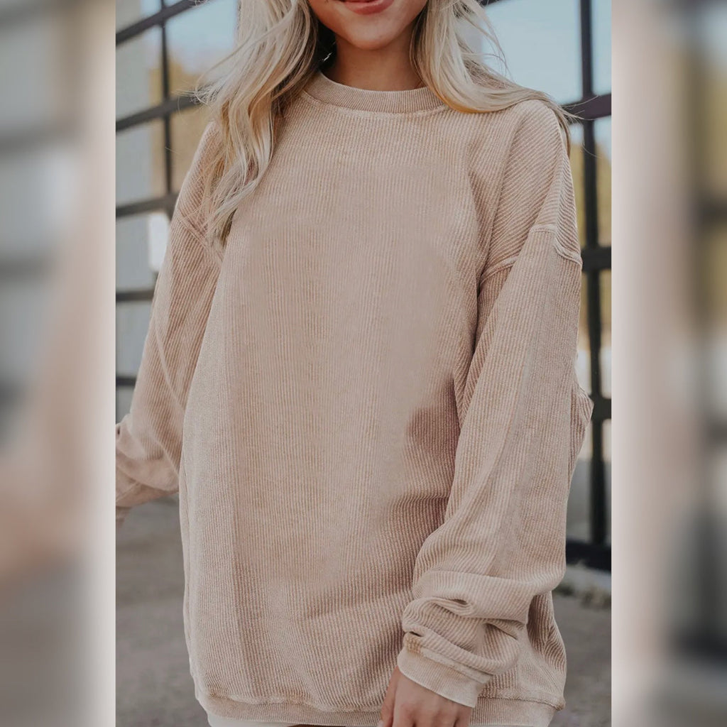 Oversized Rib Corded Sweatshirt Beige - 260 Broadway Boutique