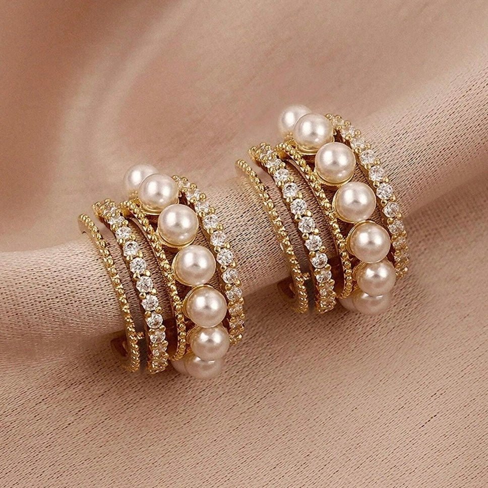 Pearl Rhinestone Hoop Earrings - 260 Broadway Boutique