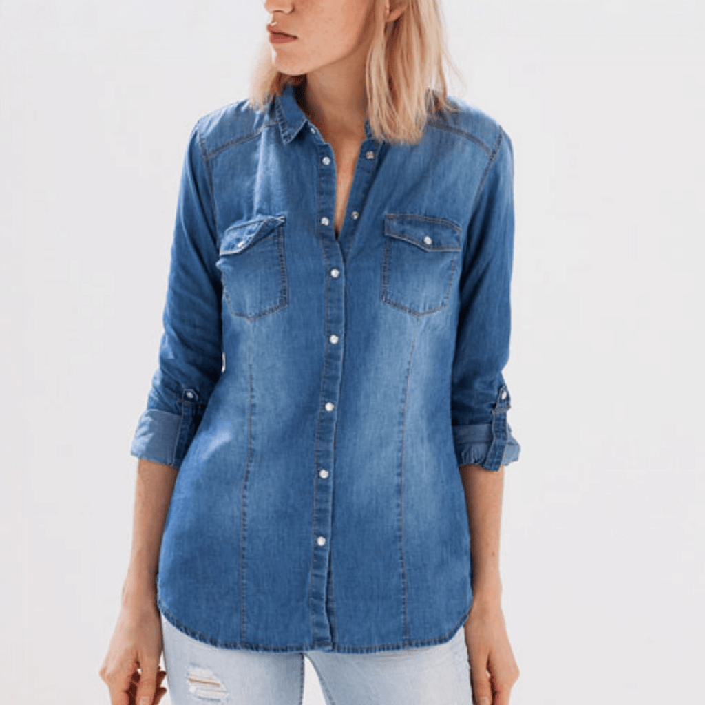 Pearl Snap ButtonUp Denim Top - 260 Broadway Boutique