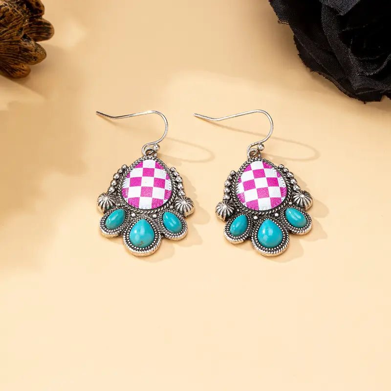 Pink Checkered Turquoise Accented Earrings - 260 Broadway Boutique