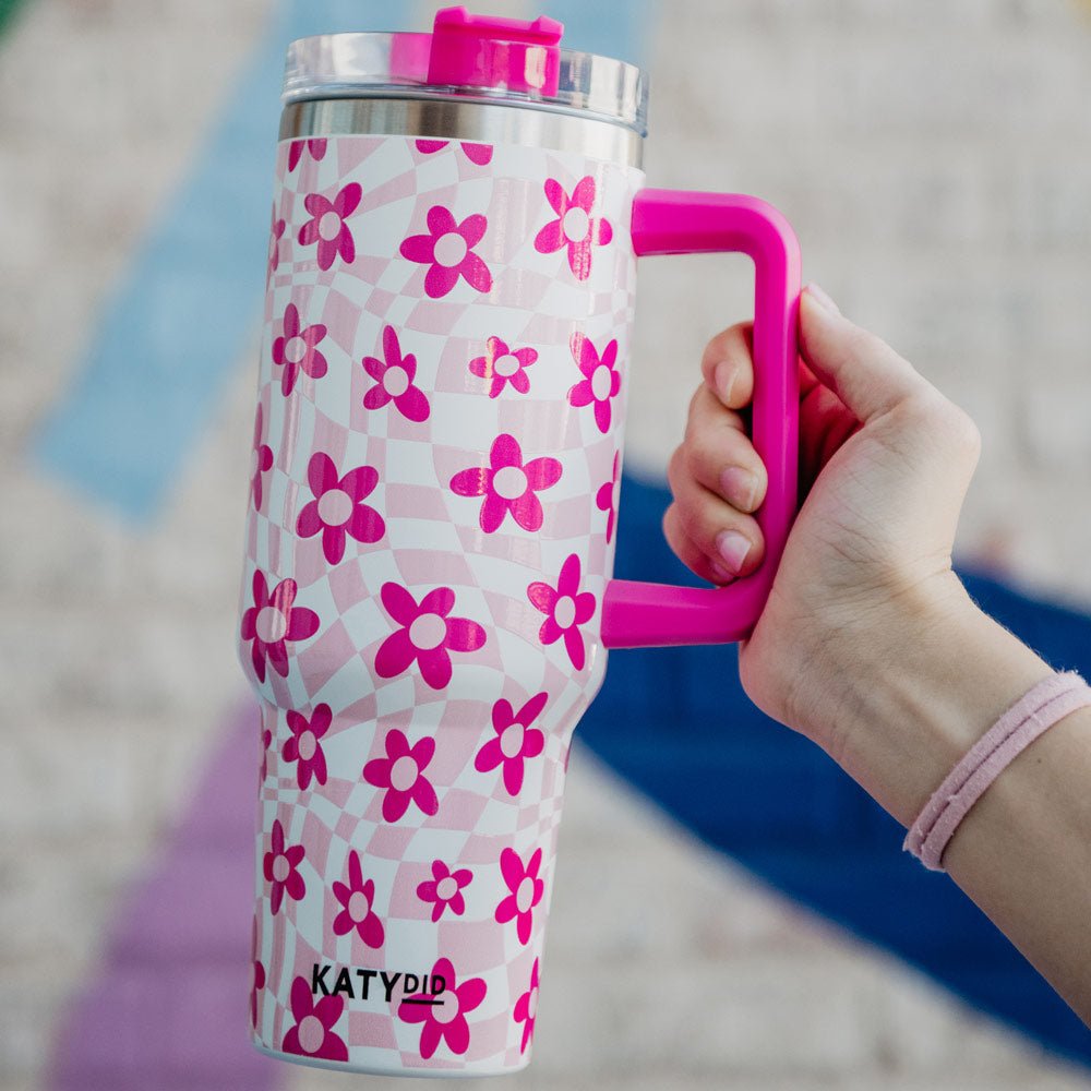 Pink Flower Groovy Checkered Tumbler with Straw and Handle - 260 Broadway Boutique