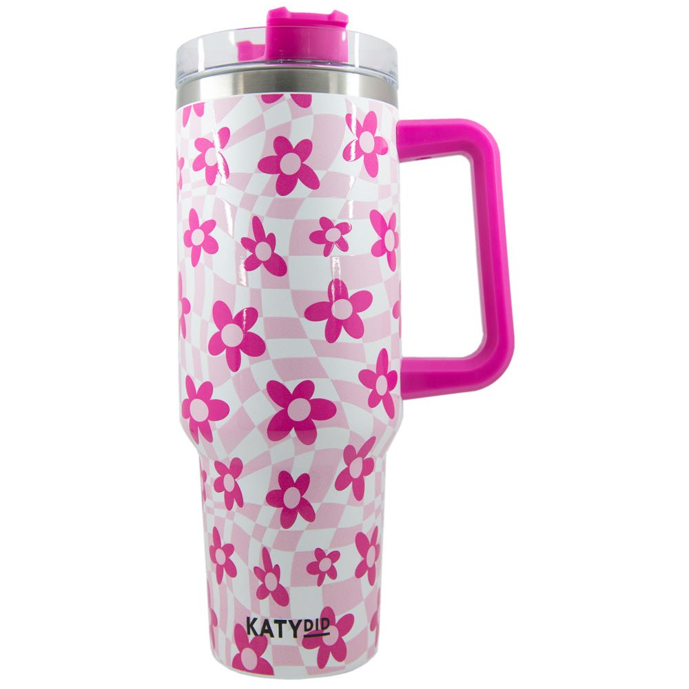 Pink Flower Groovy Checkered Tumbler with Straw and Handle - 260 Broadway Boutique