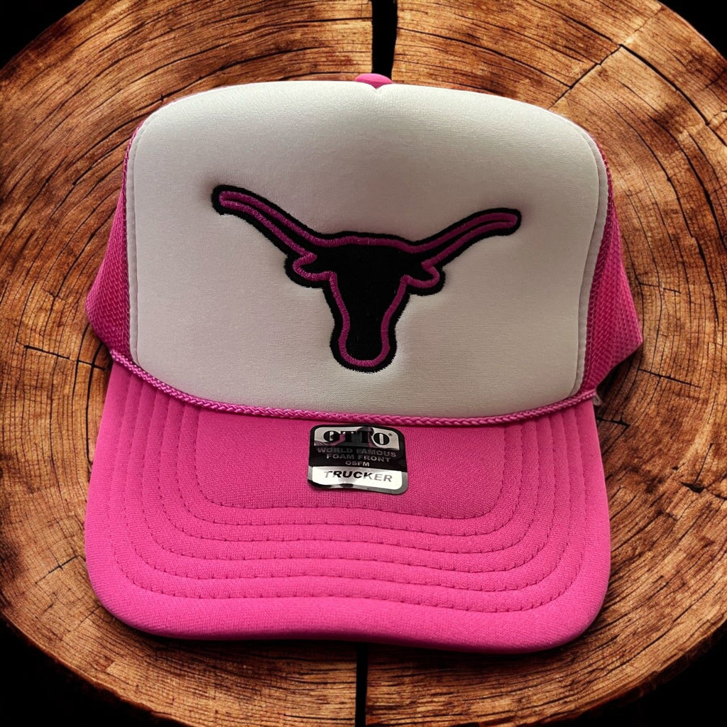 Pink & White Trucker - Black & Pink Stitched Longhorn - 260 Broadway Boutique